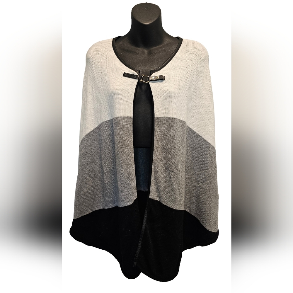 [White House Black Market] White, Grey & Black Knit Poncho Blk Faux Leather Trim